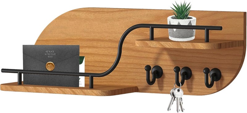 Karisky Modern Decorative Key and Mail Holder with 2 Floating Shelves, Wood Wall Mounted Key Organizer with 3 Metal Hooks for Home Entryway, Brown - Image 1